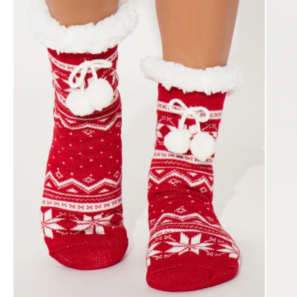 NWT Fashion Nova Christmas Cozy Socks Red White Pom Pom Winter Socks Holiday